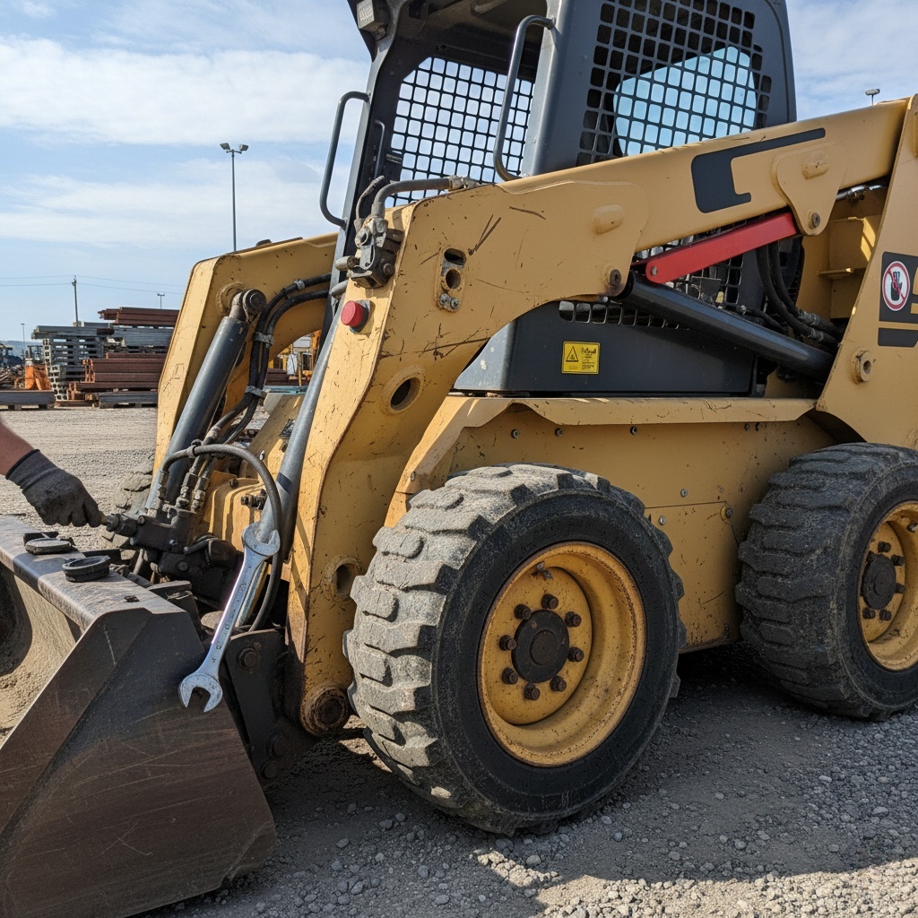 Gloved technician servicing hydraulic fittings on a yellow wheeled skid steer loader parked on a gravel yard