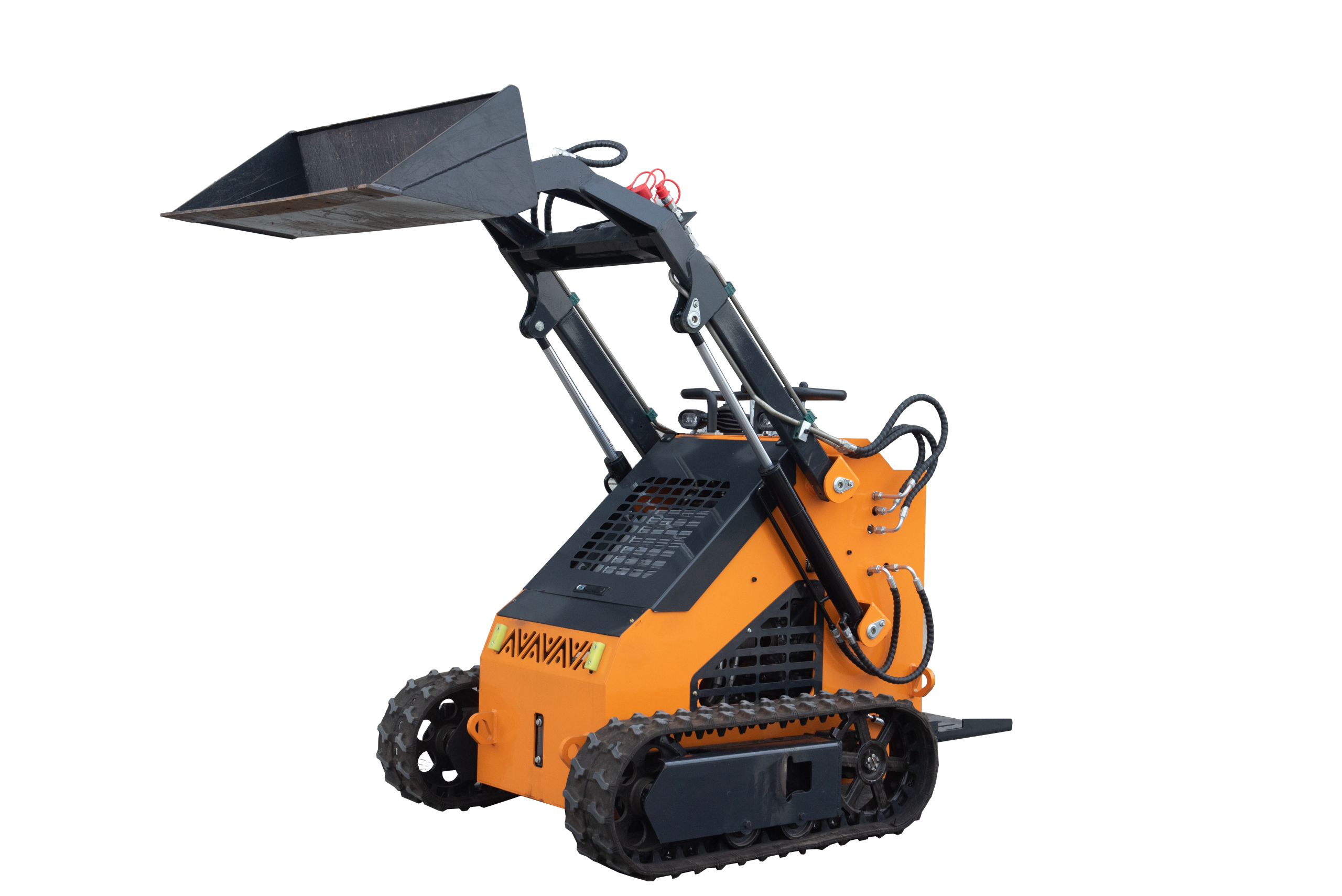 Orange PSH100 compact tracked skid steer loader with raised black bucket, rubber tracks and hydraulic hoses on a white background