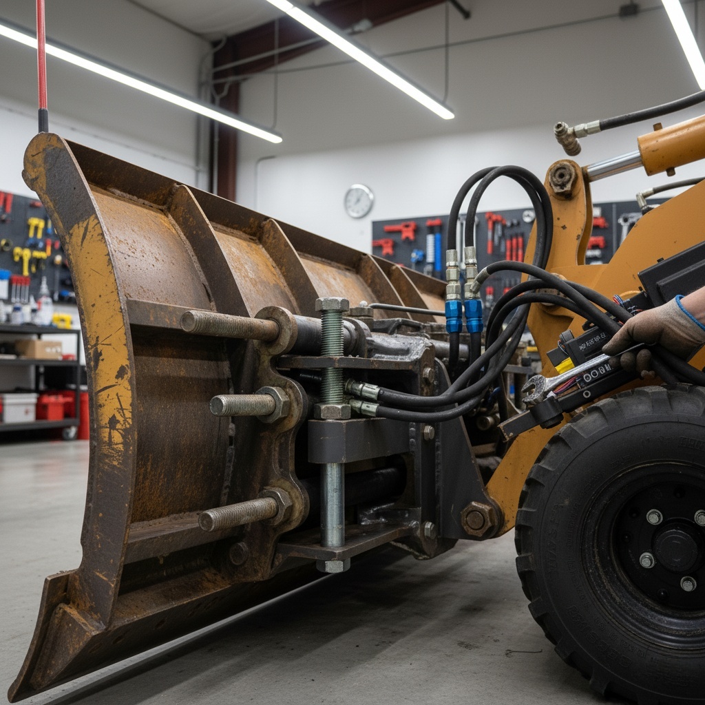 Gloved hand using a wrench on hydraulic hoses and mounting bolts of a worn snow plow blade on a mini skid steer in a shop