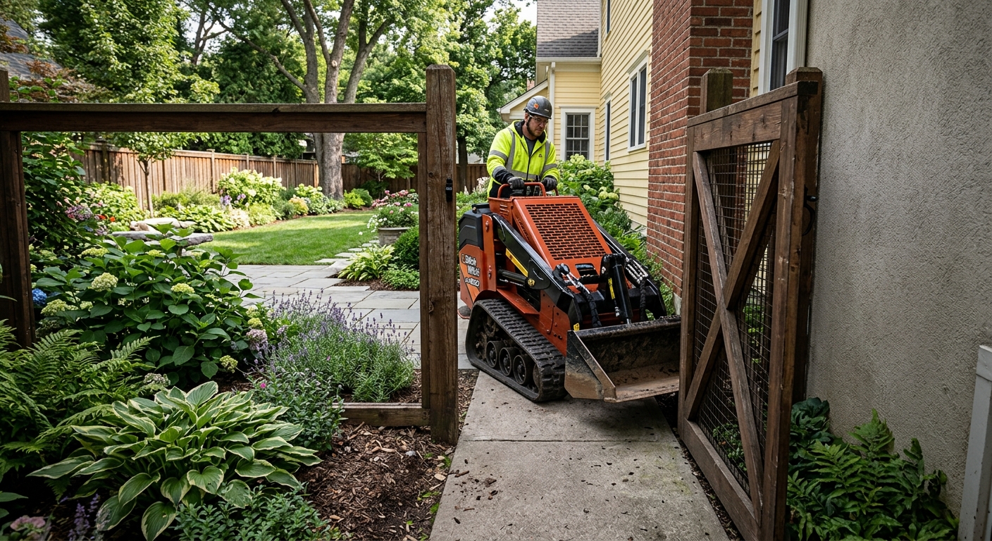 Mini skid steer passing through a narrow gate on a landscaping jobsite