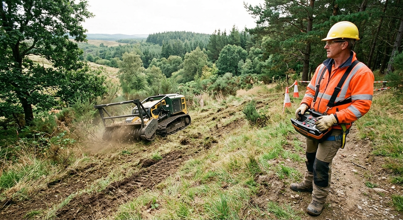 Operator using remote control to safely operate a mower on a slope