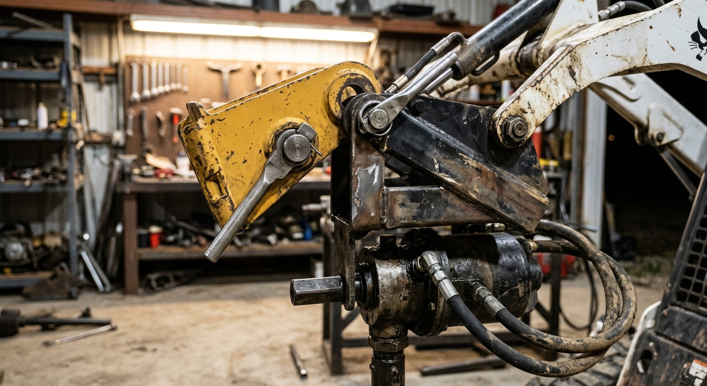 Close-up of quick-attach mounting plate with auger attachment on mini skid steer