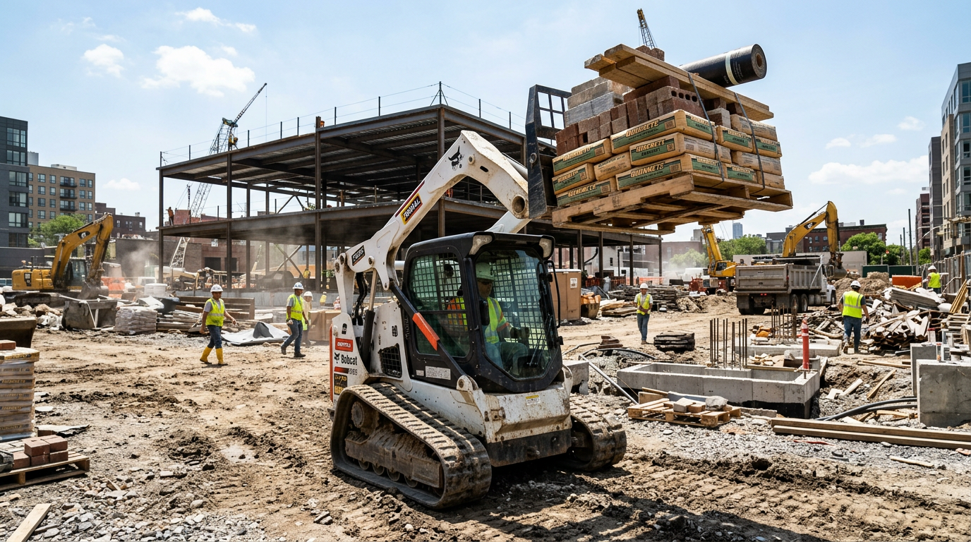 Standard skid steer lifting heavy pallet on construction site