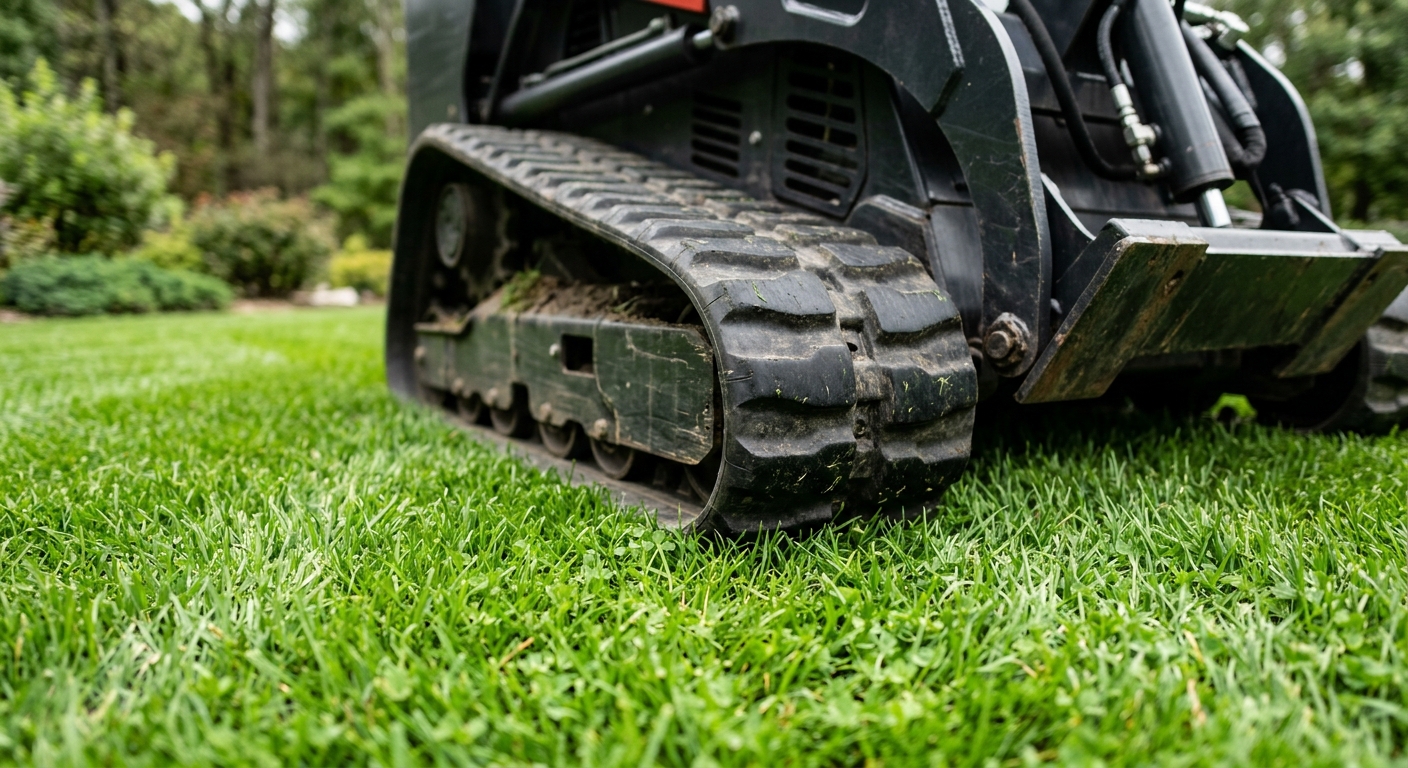Mini skid steer tracks on undamaged green turf