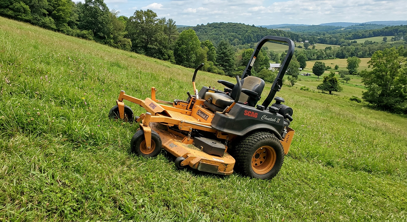 Zero-turn mower on a tilted grassy slope showing rollover risk angle