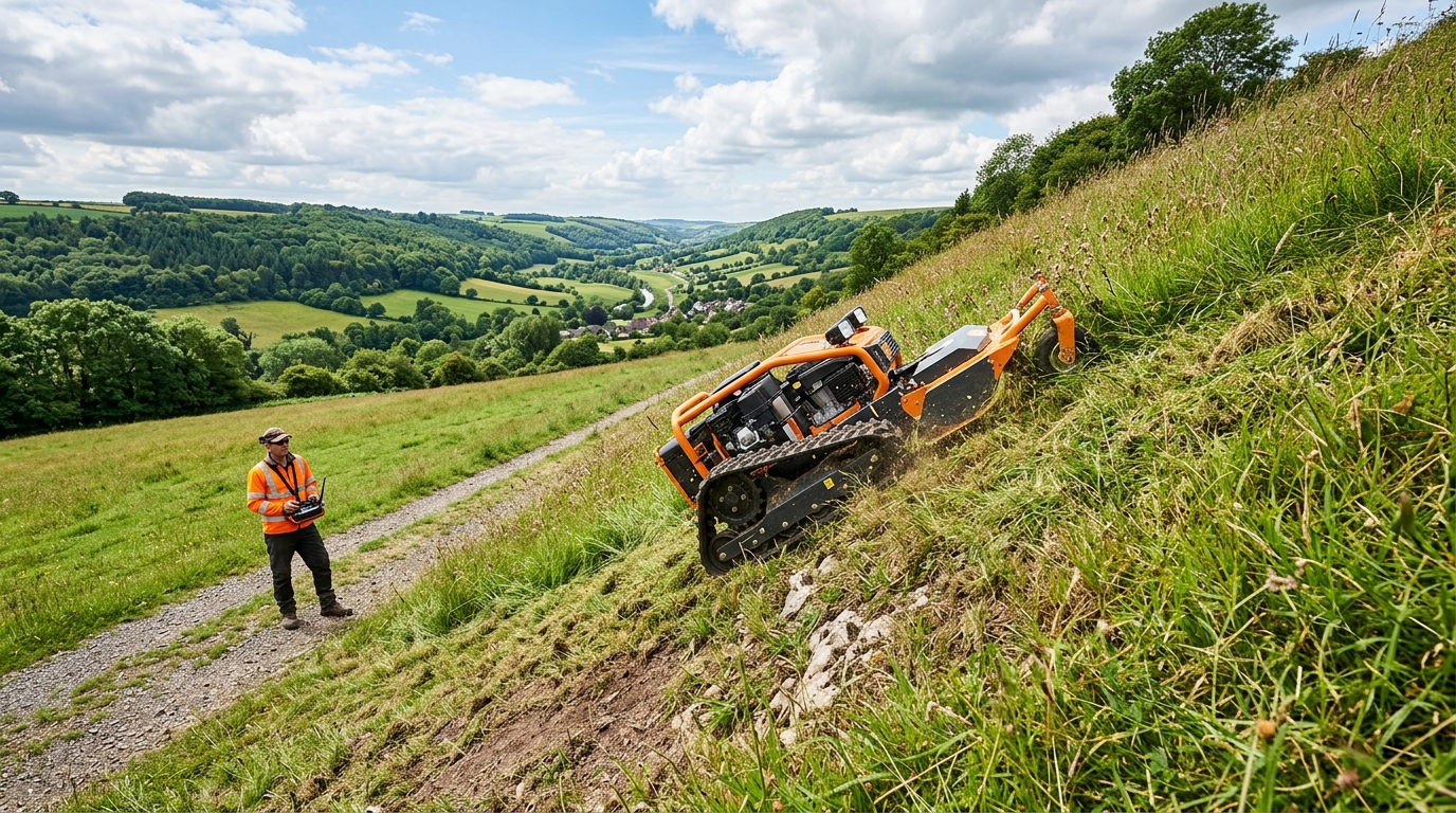 Remote-control track mower climbing a steep embankment safely