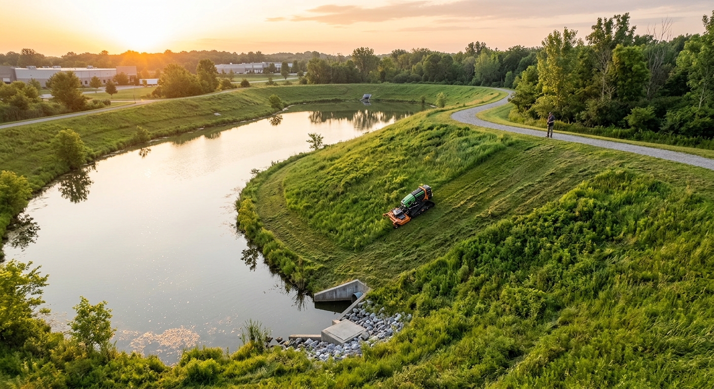 Aerial view of retention pond slope being mowed by a track mower