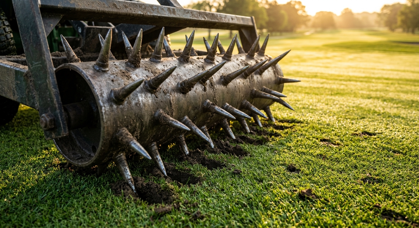Close-up of solid metal spikes on an aerator drum penetrating turf soil