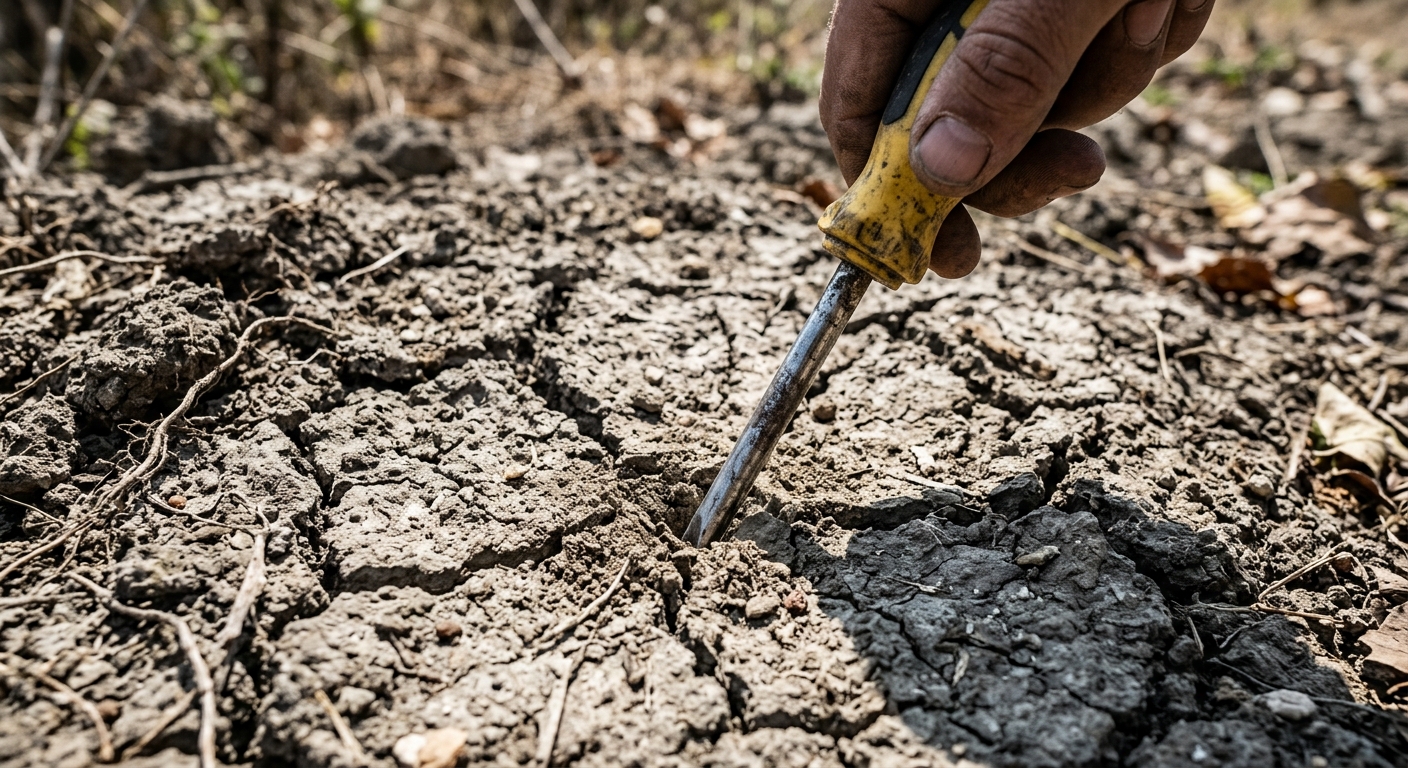 Compacted dry clay soil showing hardpan resistance during a manual soil test