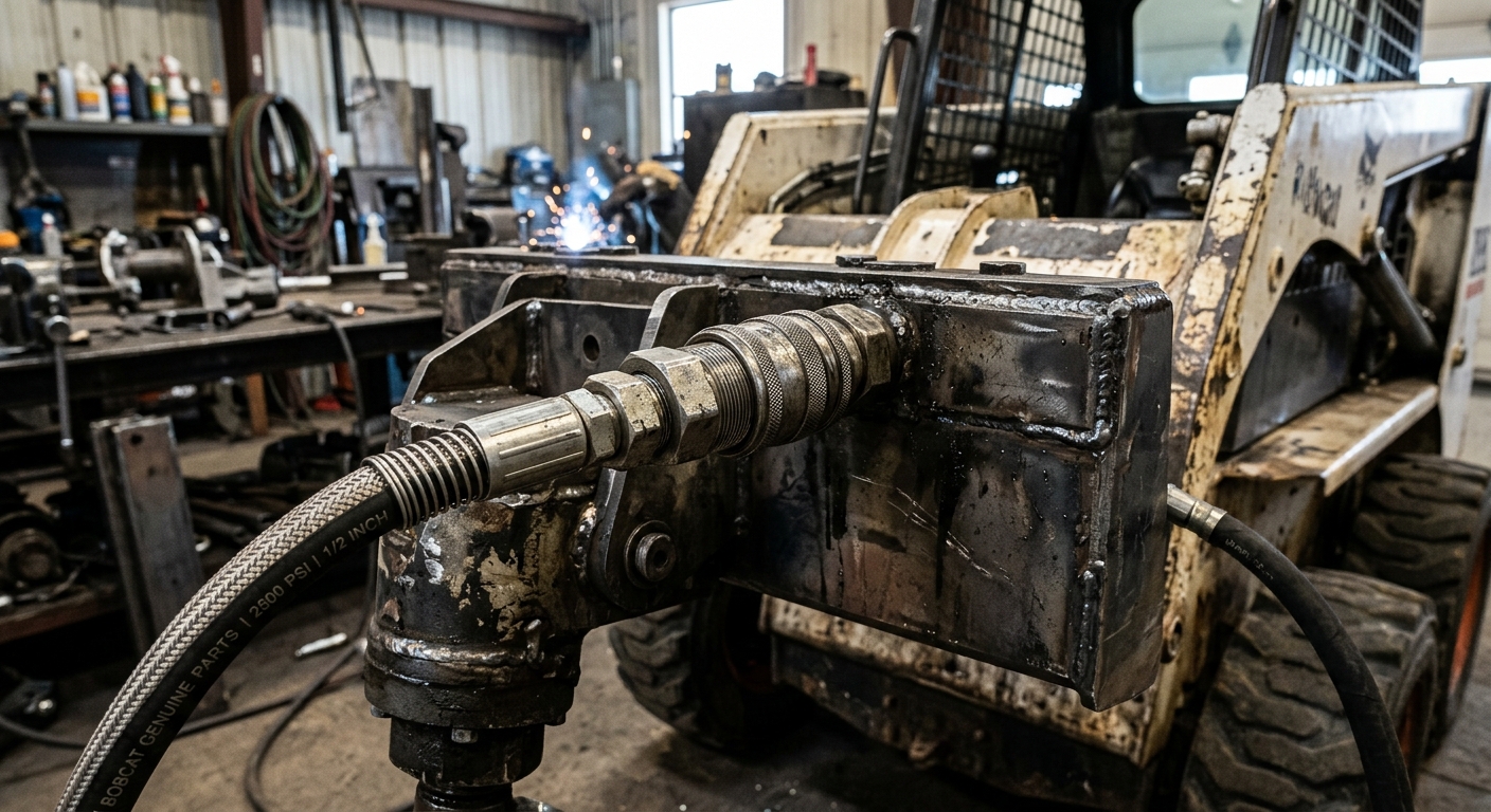 Hydraulic hose fitting connection on compact skid steer attachment